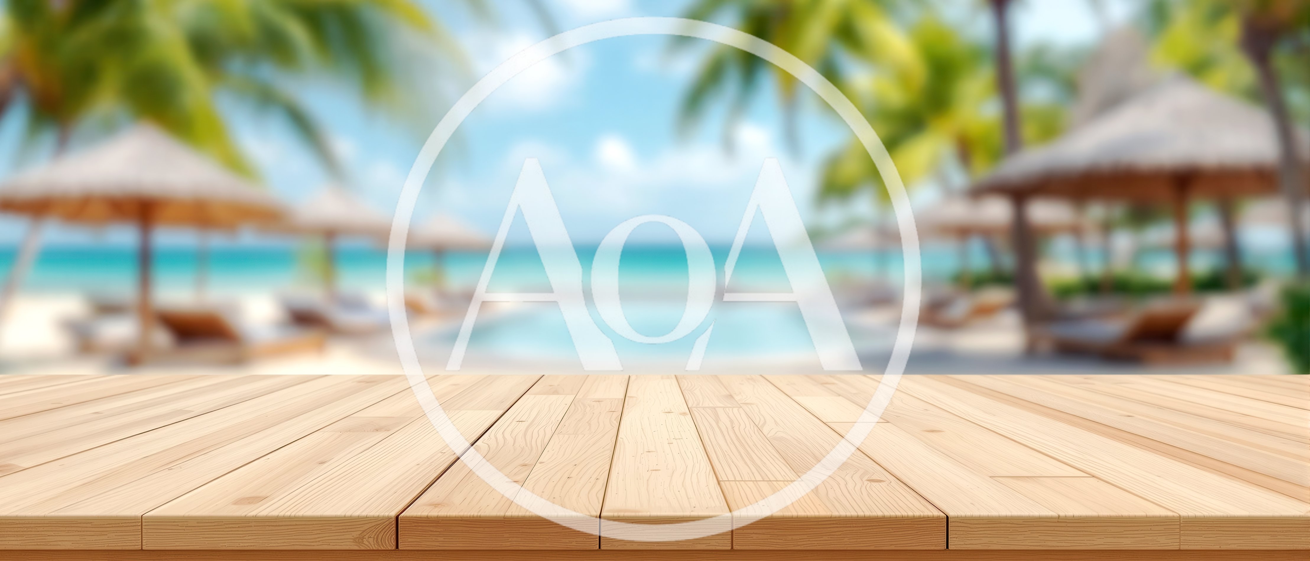 Empty Wooden Table Overlooking Tropical Beach Resort