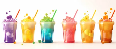 Six Colorful Fruit Smoothies in Plastic Cups