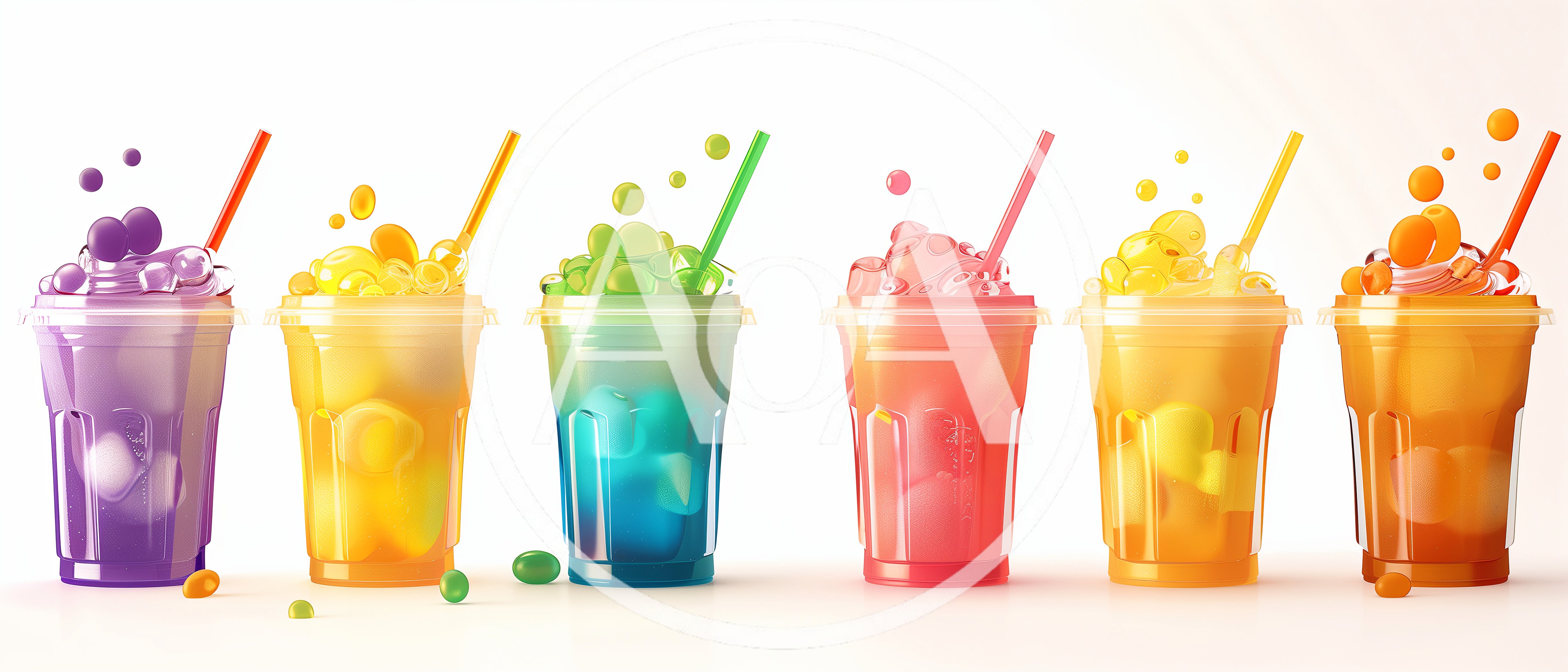 Six Colorful Fruit Smoothies in Plastic Cups