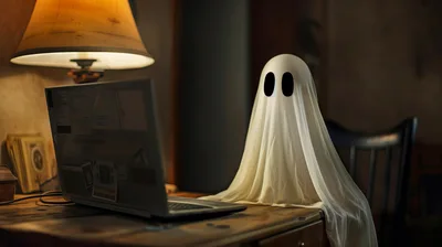 Ghost Wearing A Sheet Using A Laptop