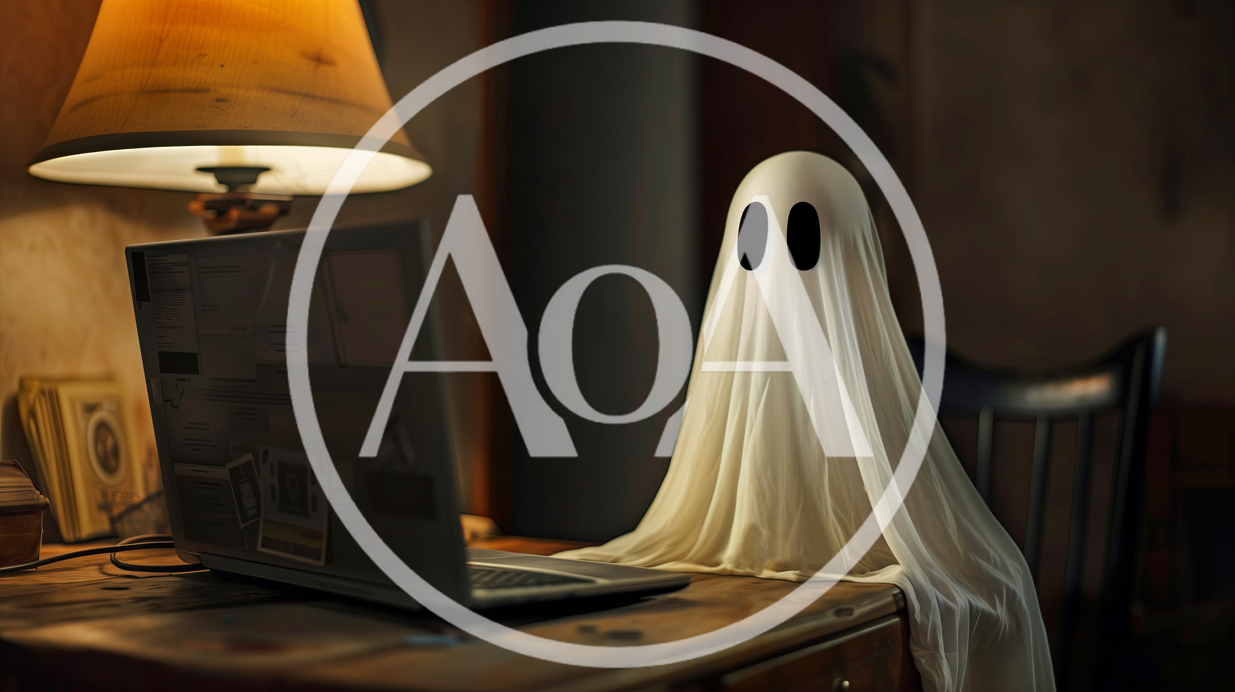 Ghost Wearing A Sheet Using A Laptop