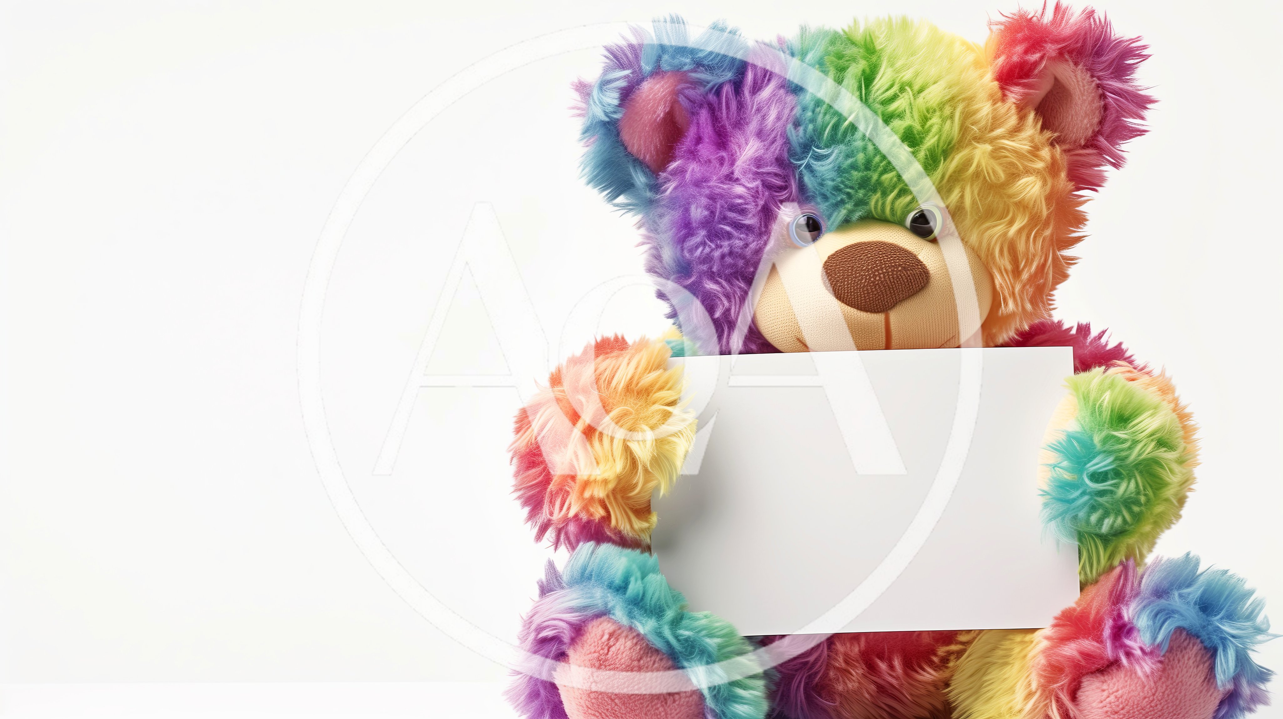 Rainbow Colored Teddy Bear Holding Blank White Sign