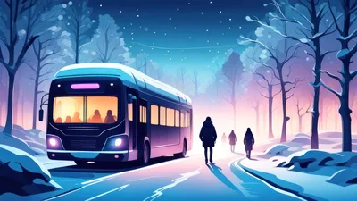 Modern Bus Driving Through Snowy Winter Forest