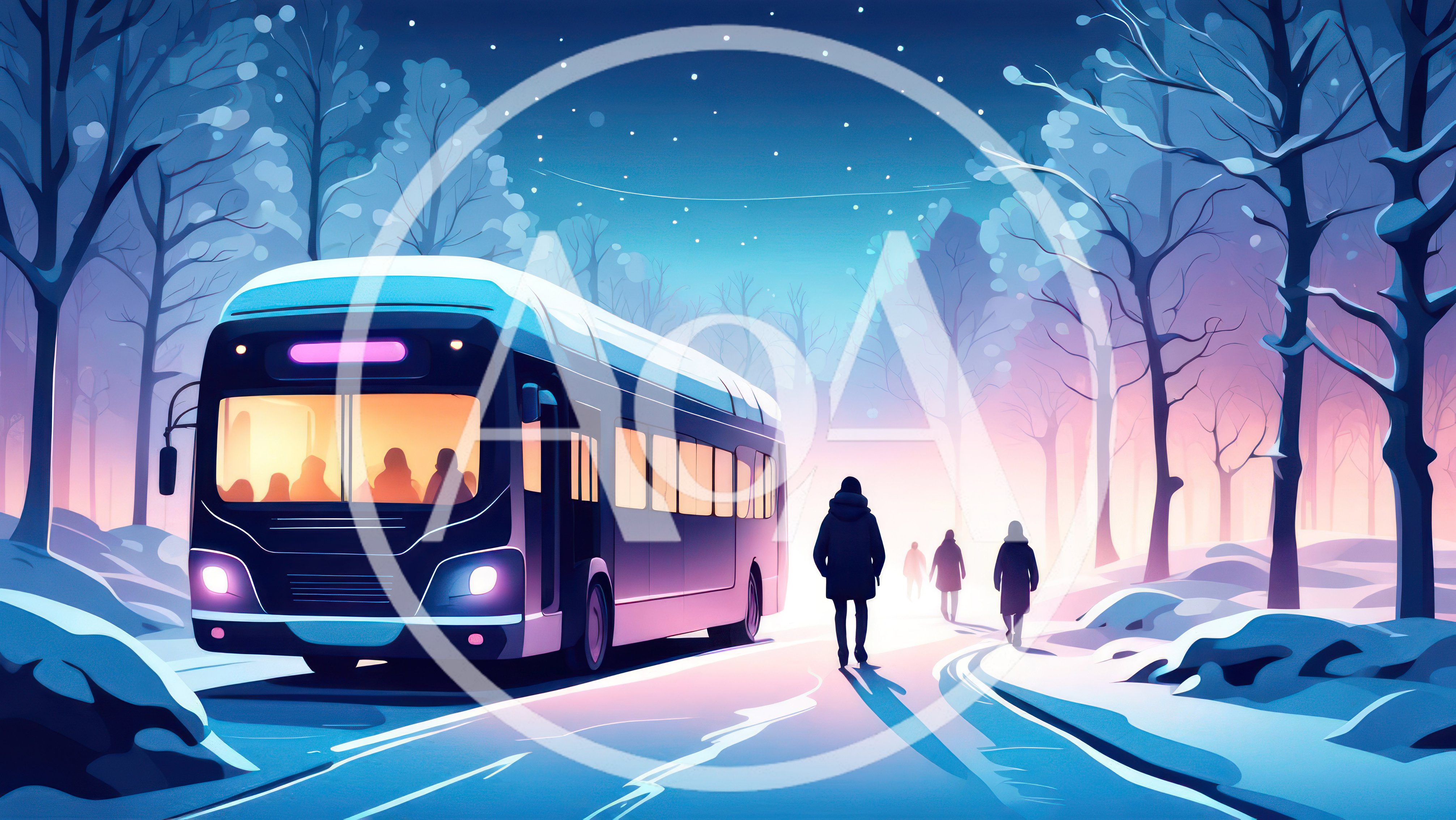 Modern Bus Driving Through Snowy Winter Forest