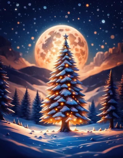 Illuminated Christmas Tree Under A Full Moon