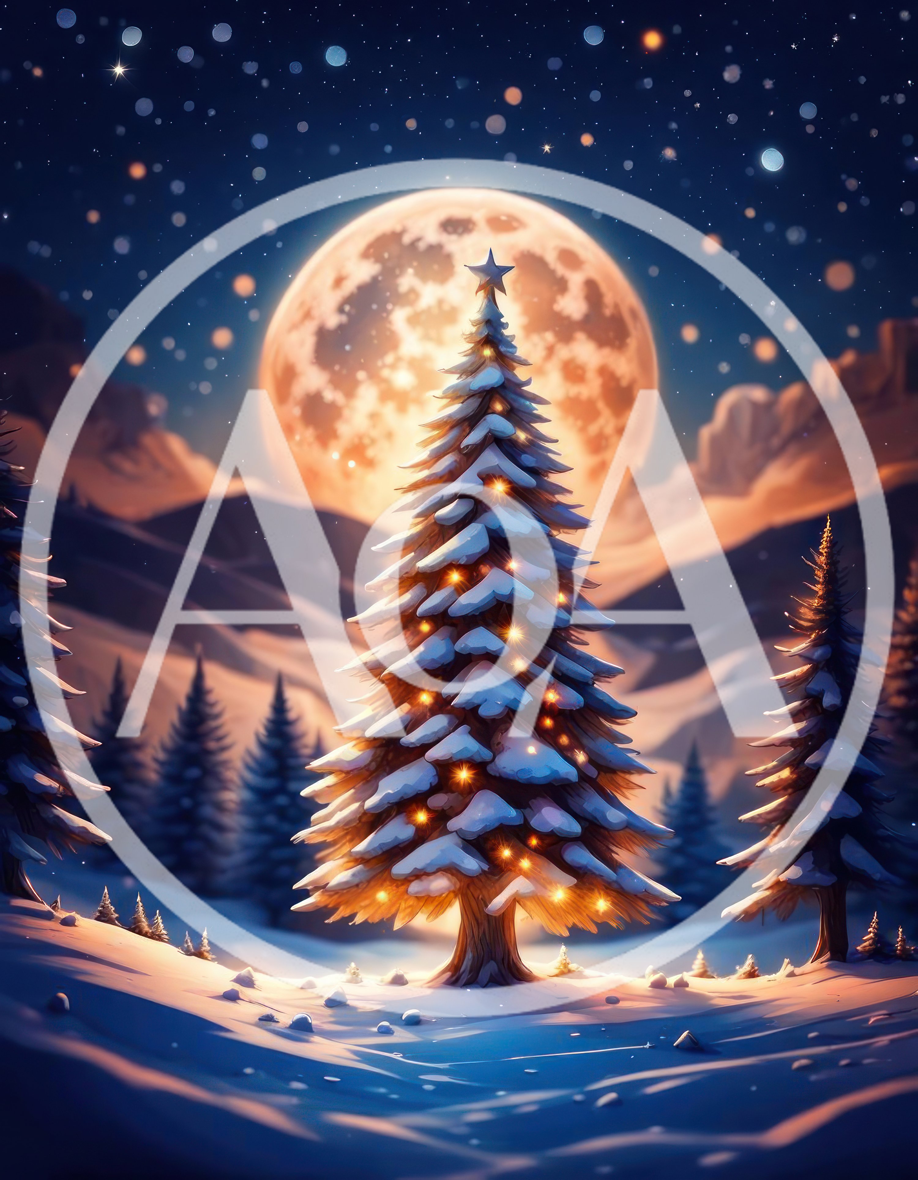 Illuminated Christmas Tree Under A Full Moon
