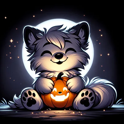 Cute Cartoon Wolf Holding A Glowing Jack O Lantern