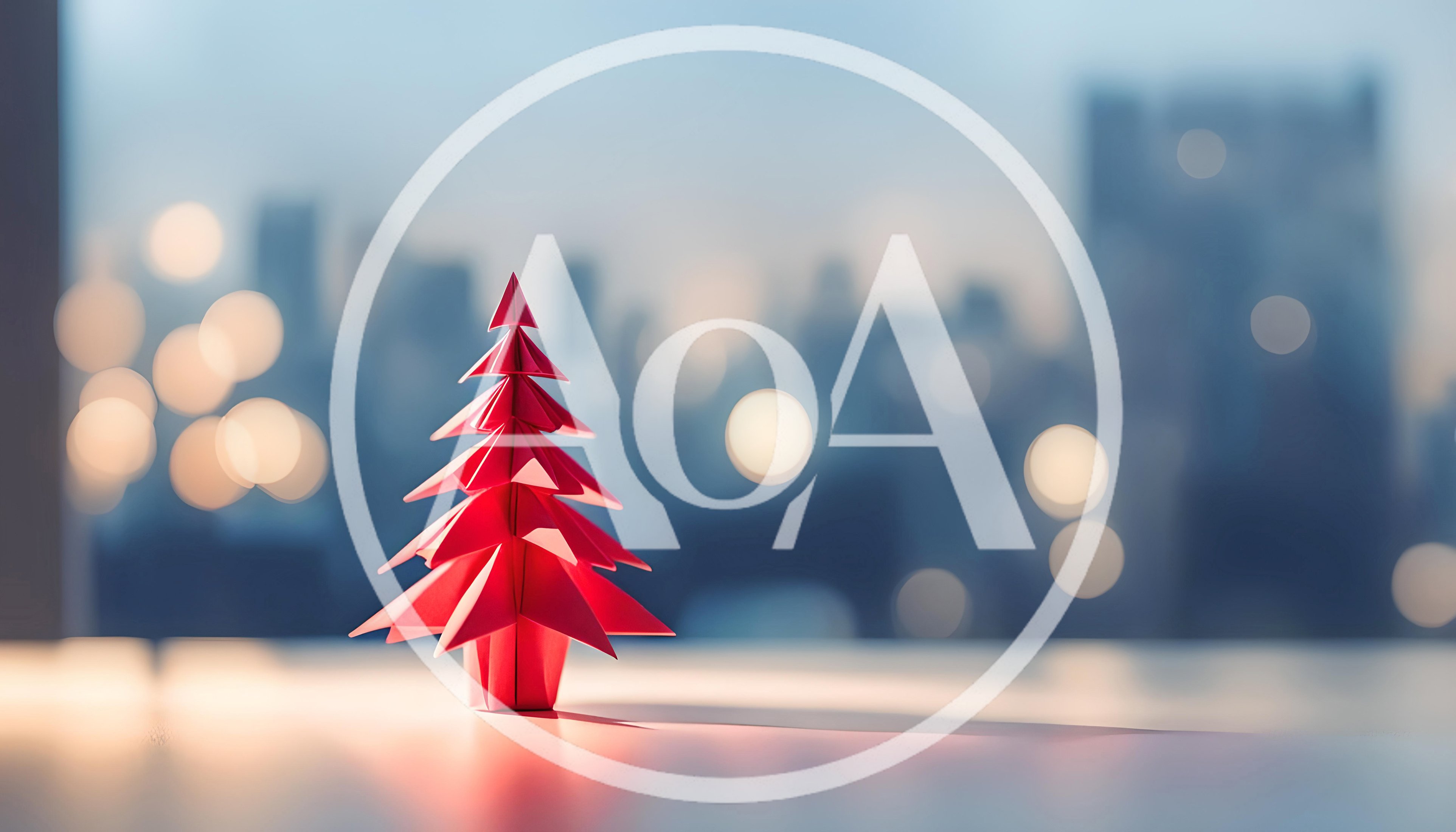 Red Origami Christmas Tree Against Blurred City Skyline