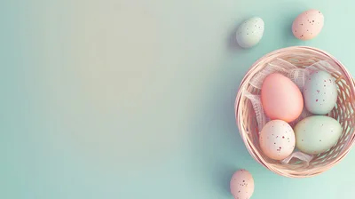 Easter Eggs In A Wicker Basket On Pastel Background