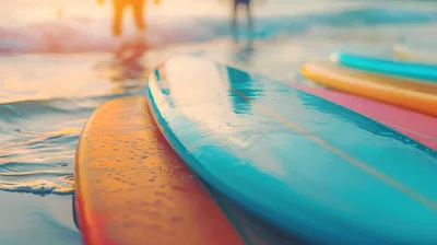 Colorful Surfboards Resting On The Beach At Sunset
