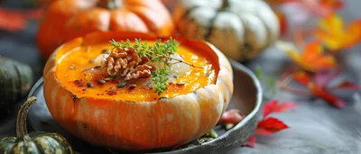 Pumpkin Soup Served Inside A Hollowed Pumpkin Bowl