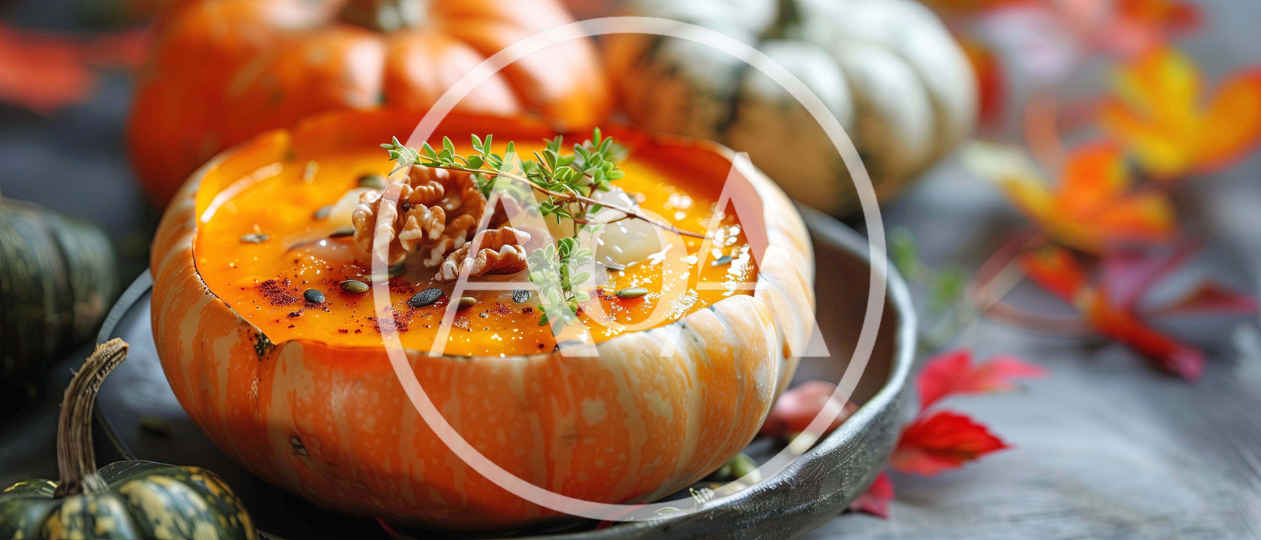 Pumpkin Soup Served Inside A Hollowed Pumpkin Bowl