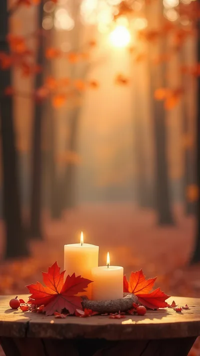 Two Lit Candles With Autumn Leaves On A Wooden Table