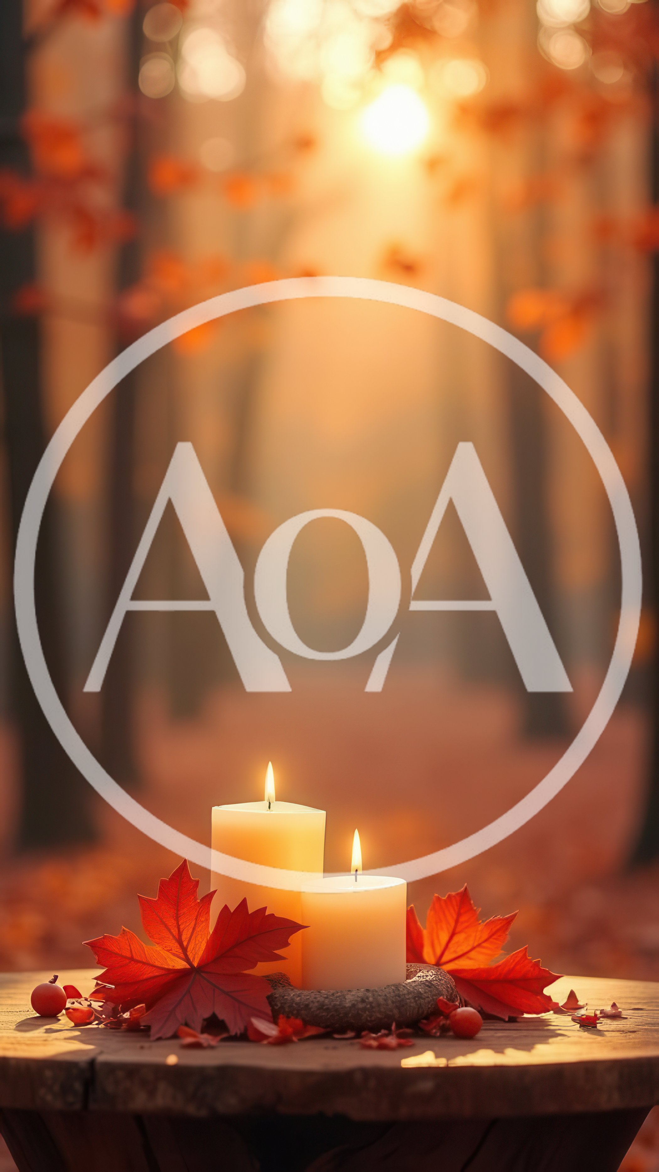 Two Lit Candles With Autumn Leaves On A Wooden Table