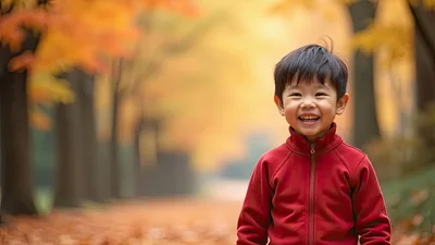Happy Young Asian Boy Smiling In Autumn Park