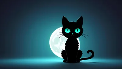 Black Cat Silhouette With Glowing Eyes Against Full Moon