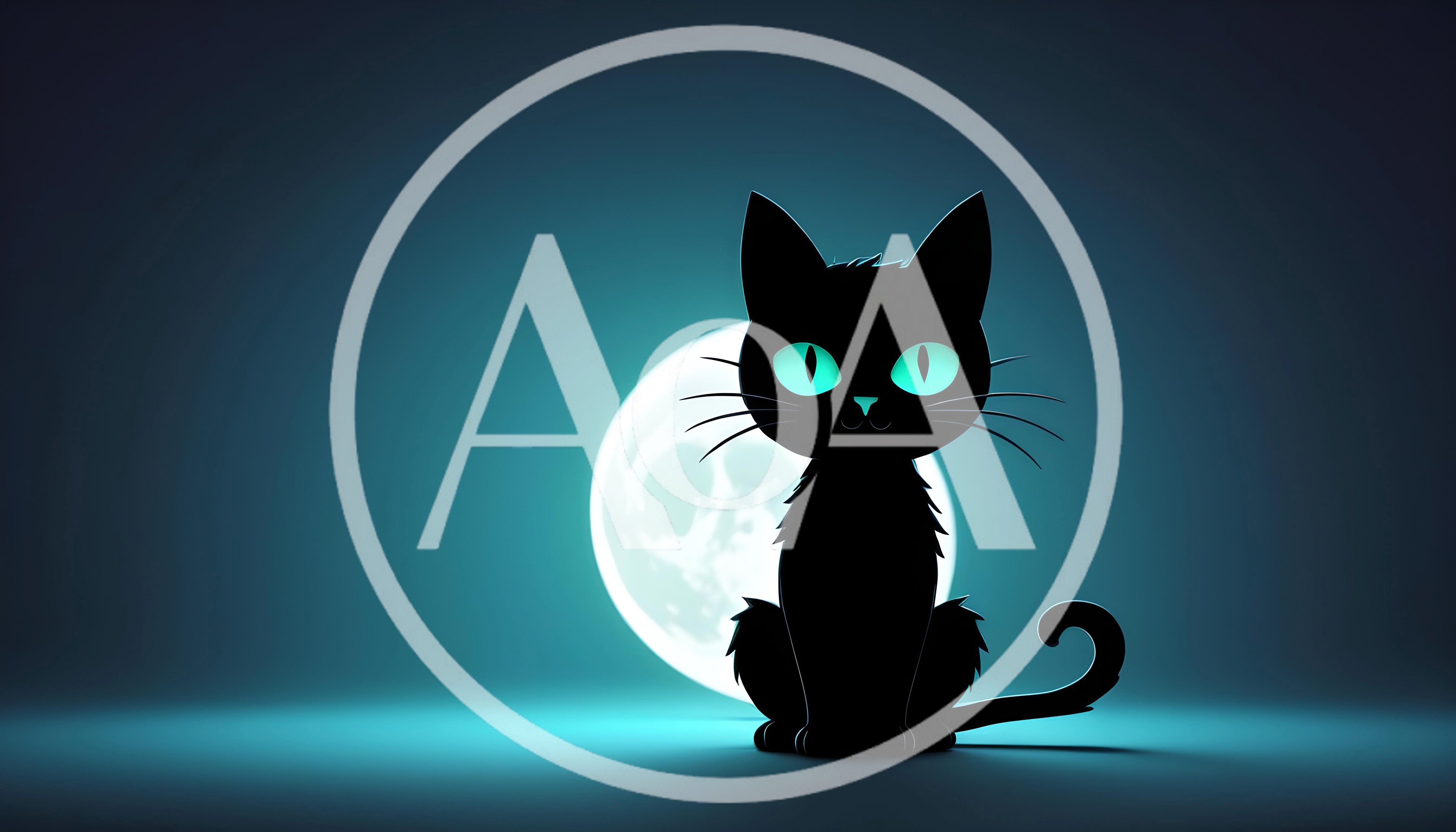 Black Cat Silhouette With Glowing Eyes Against Full Moon