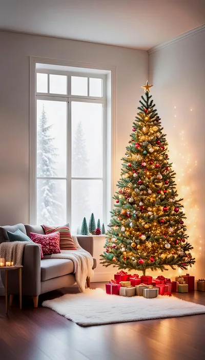 Cozy Living Room With Decorated Christmas Tree And Gifts