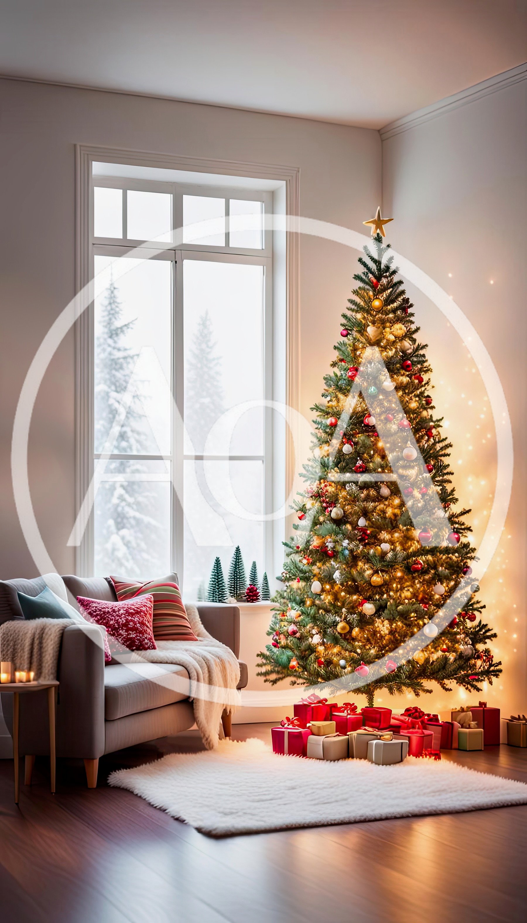 Cozy Living Room With Decorated Christmas Tree And Gifts