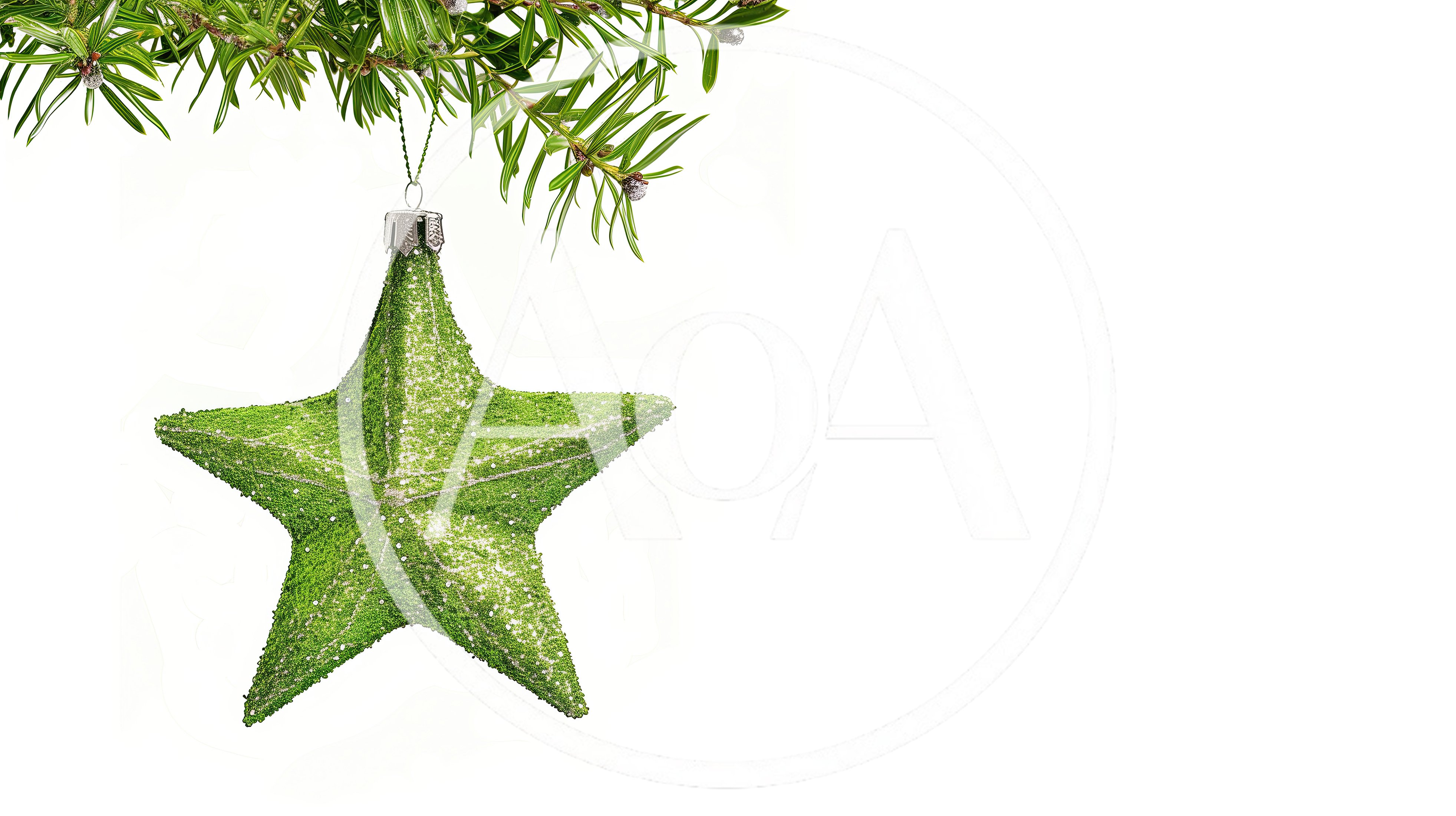 Green Glittery Star Ornament Hanging From Pine Branch