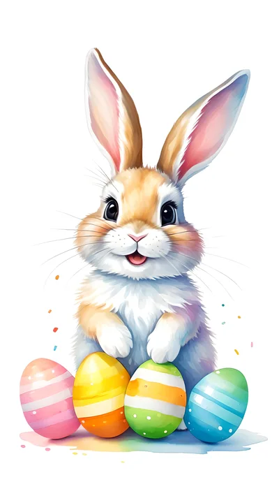 Cute Easter Bunny With Colorful Painted Eggs