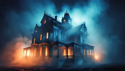 Haunted Victorian Mansion At Night With Fog