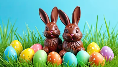 Two Chocolate Easter Bunnies With Colorful Polka Dot Eggs