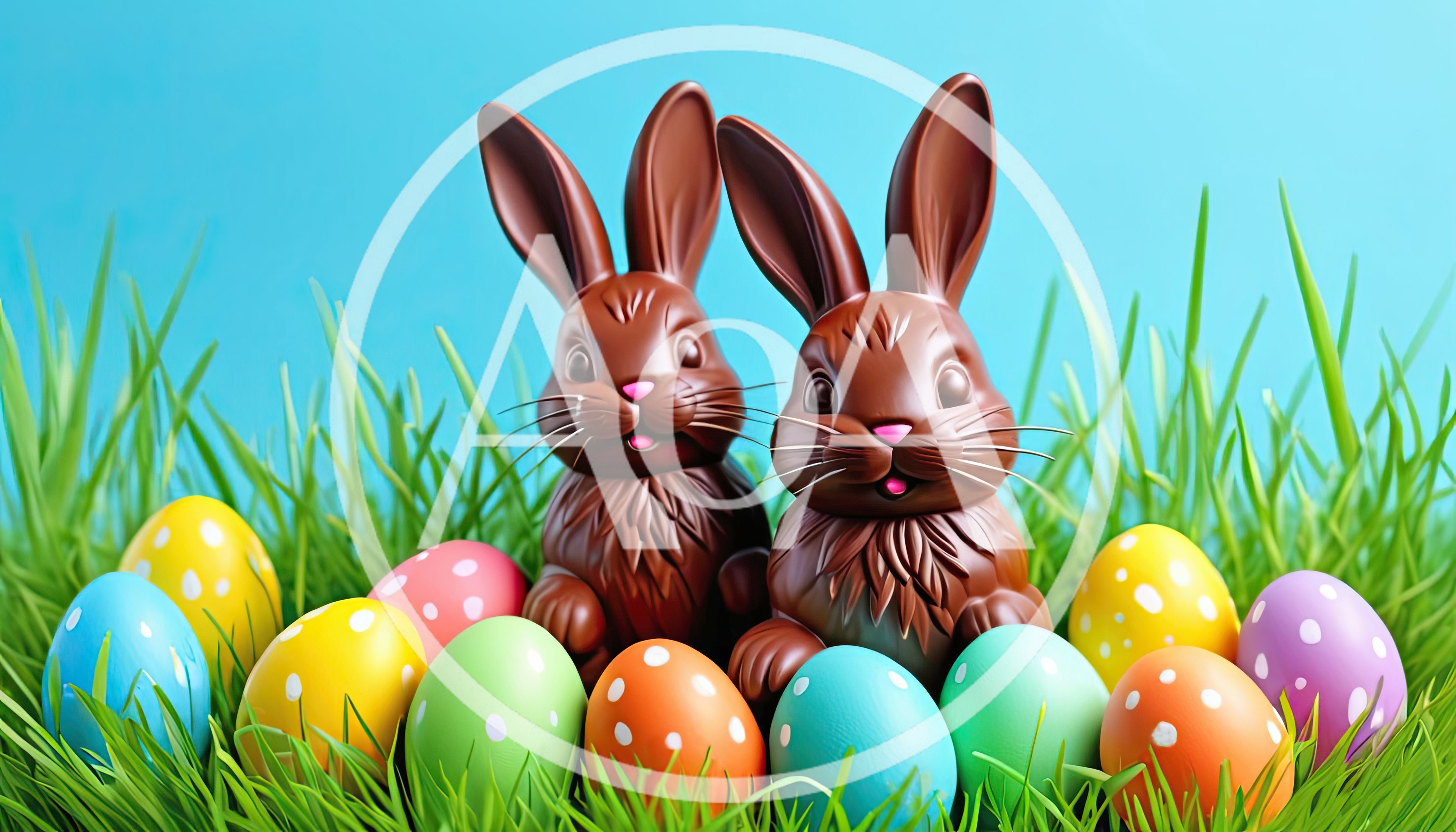 Two Chocolate Easter Bunnies With Colorful Polka Dot Eggs