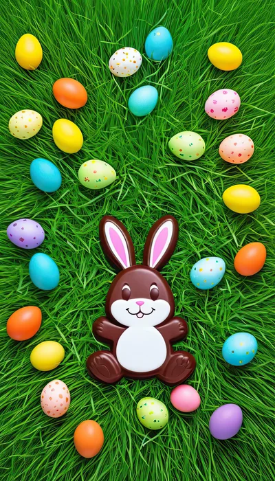Chocolate Easter Bunny Surrounded By Colorful Eggs On Grass