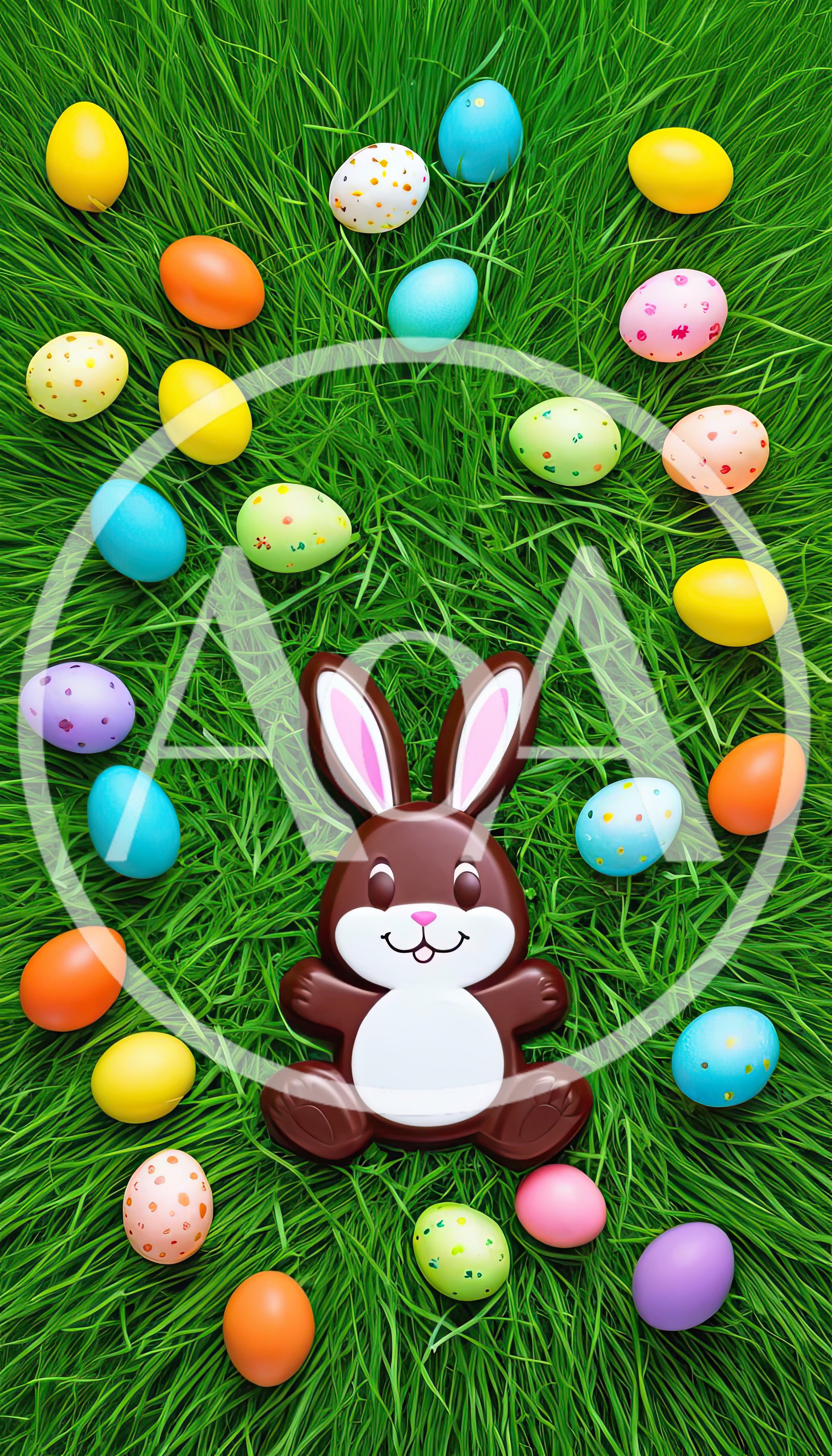 Chocolate Easter Bunny Surrounded By Colorful Eggs On Grass