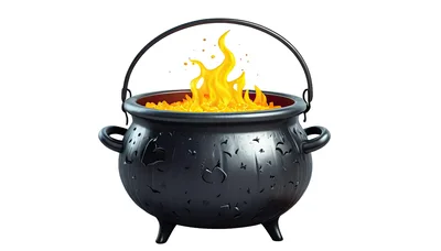 Black Cast Iron Cauldron With Glowing Yellow Fire