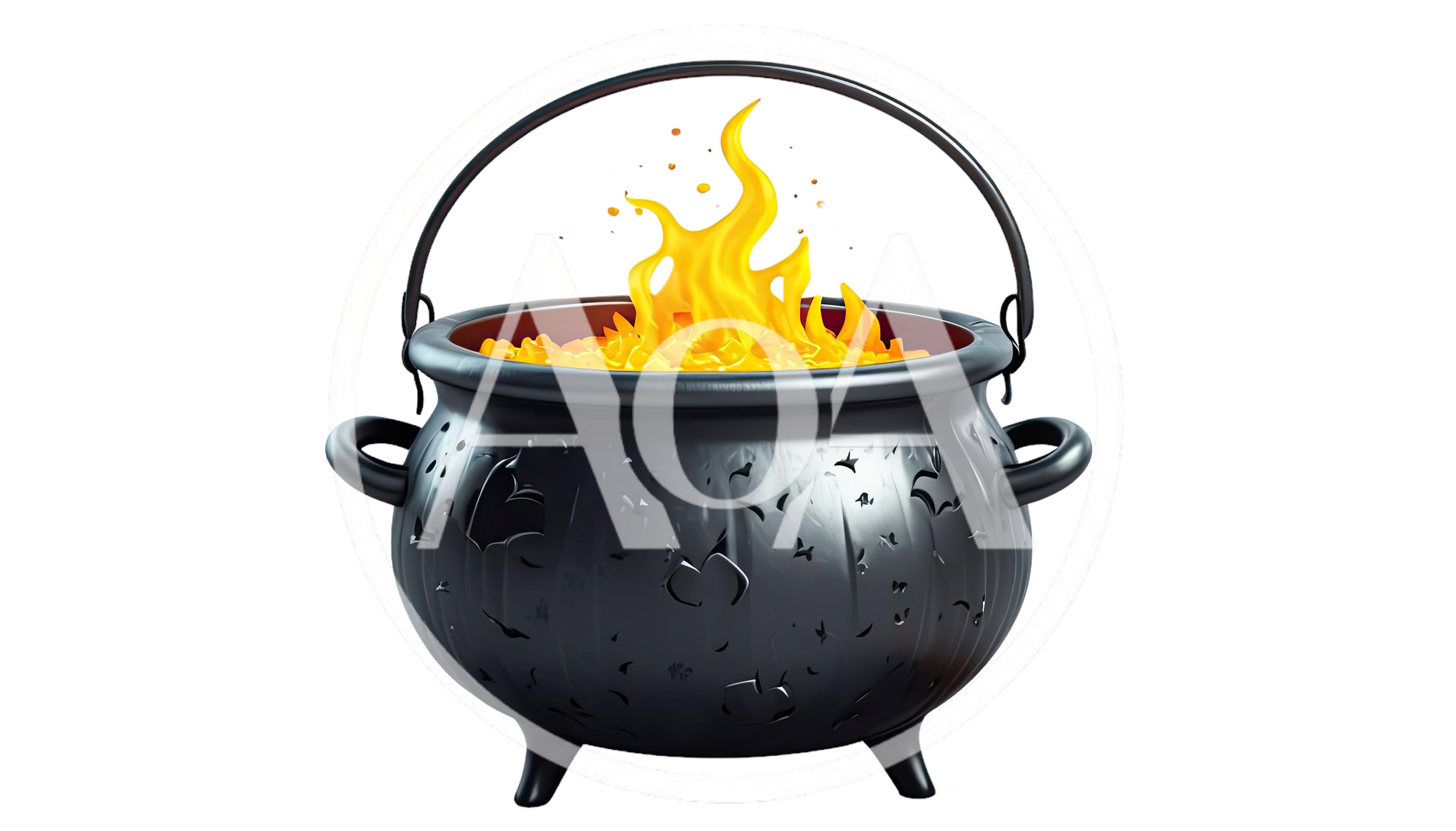 Black Cast Iron Cauldron With Glowing Yellow Fire