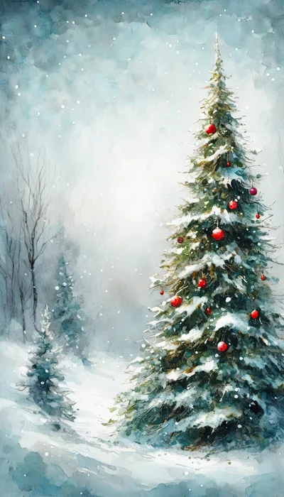 Watercolor Christmas Tree In Snowy Winter Forest