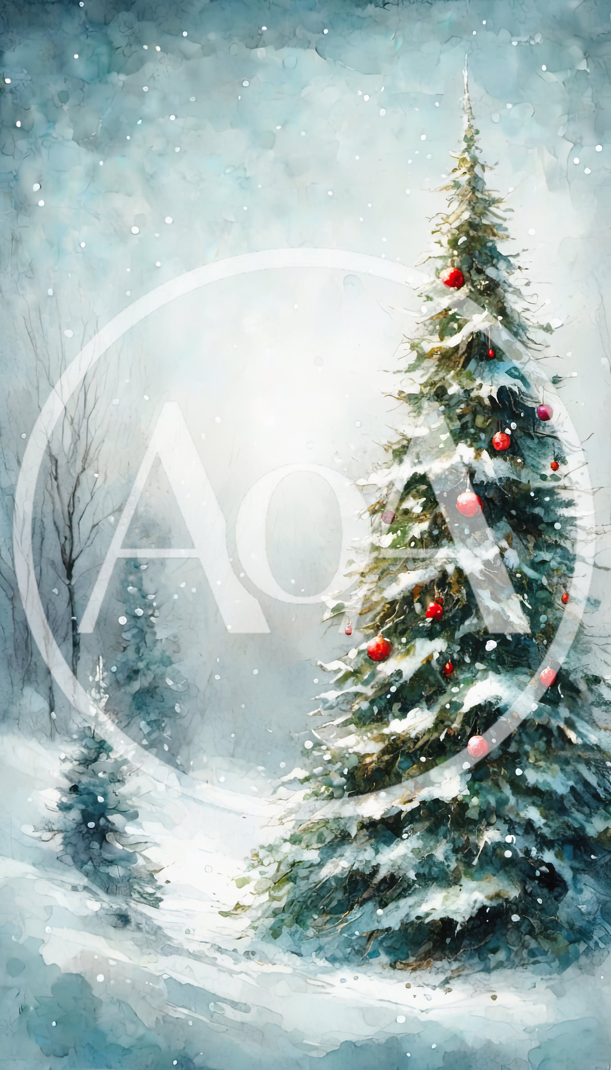 Watercolor Christmas Tree In Snowy Winter Forest
