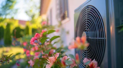 Outdoor Air Conditioning Unit Beside Blooming Garden Flowers