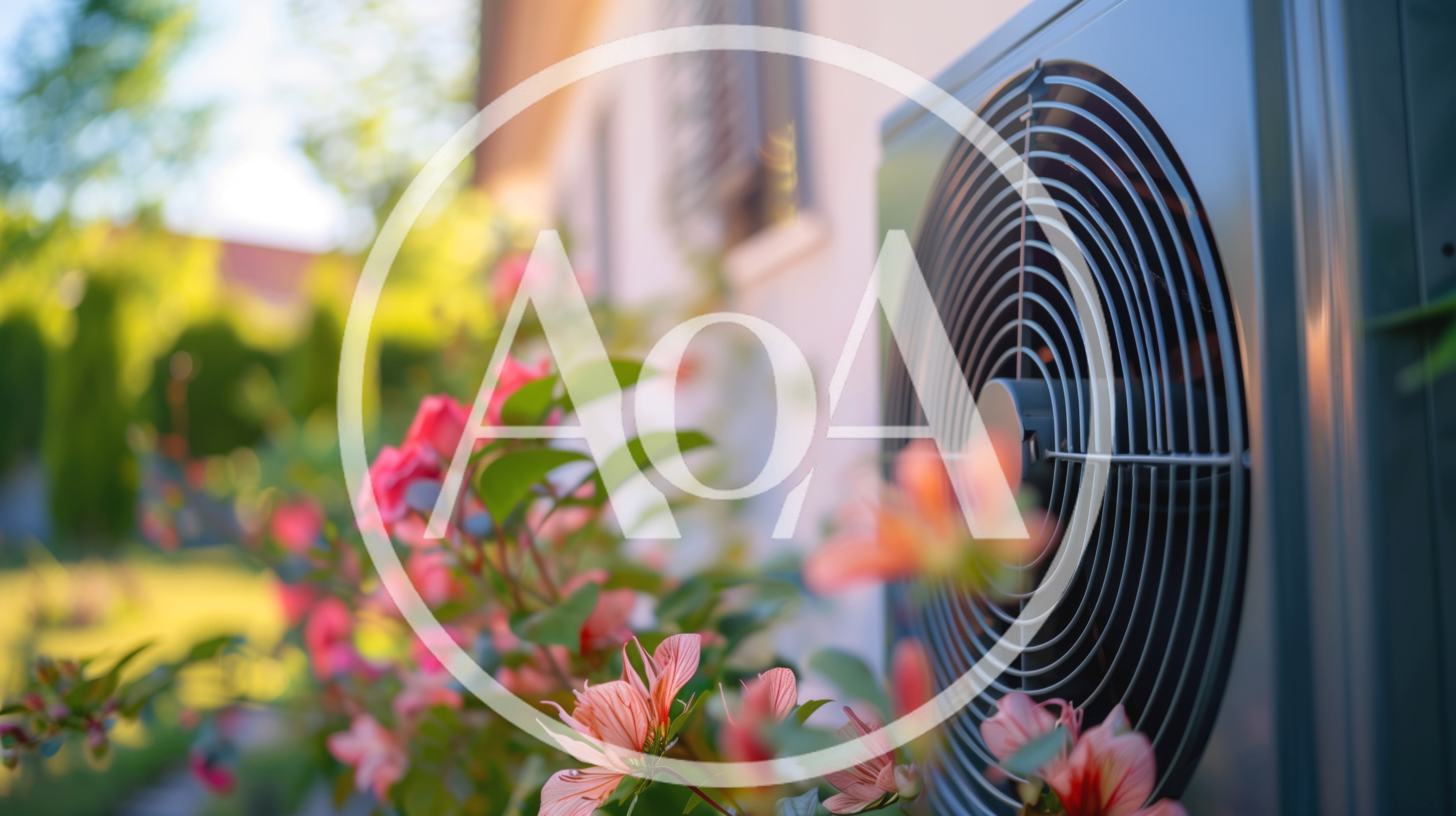 Outdoor Air Conditioning Unit Beside Blooming Garden Flowers