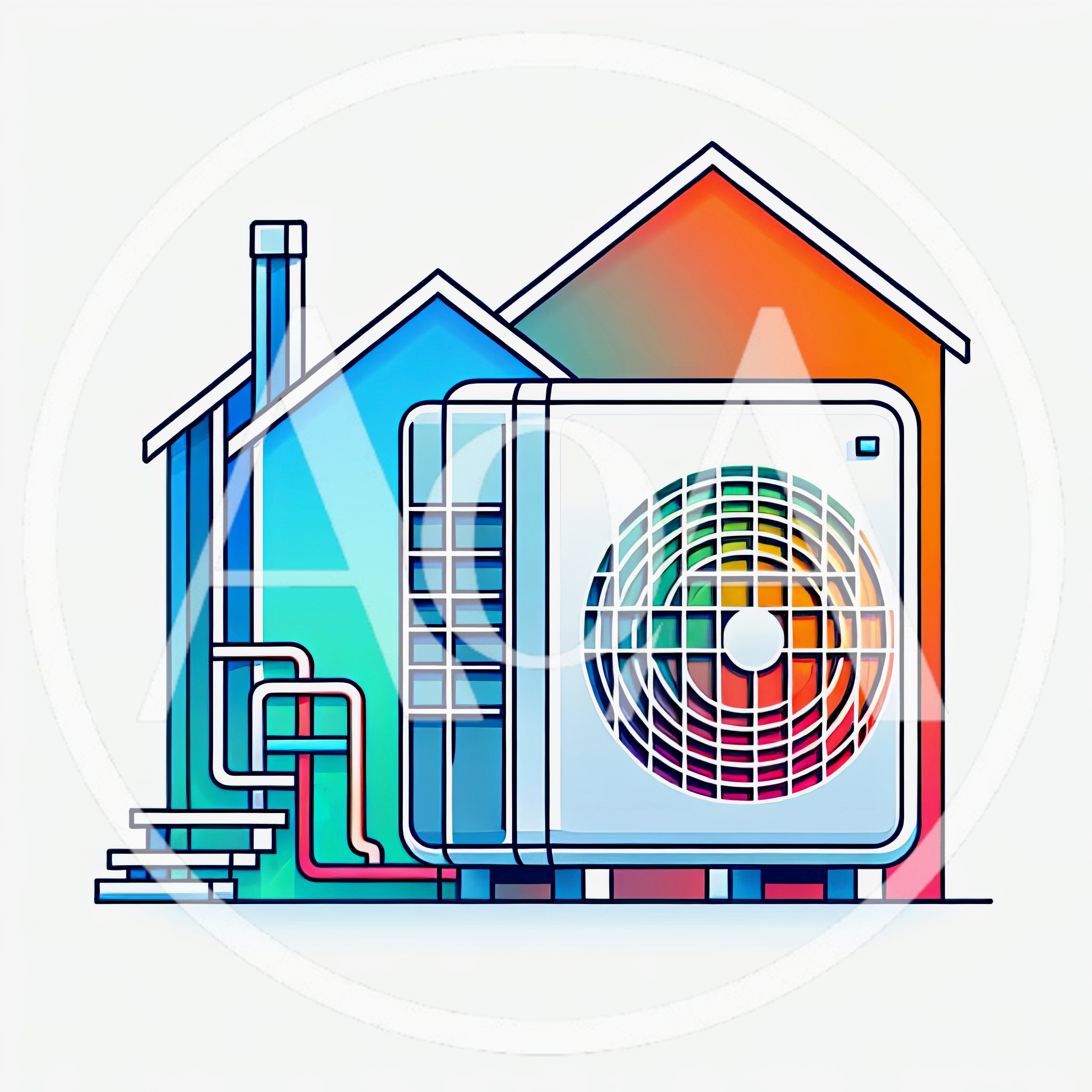 Modern Heat Pump System With Stylized House Illustration