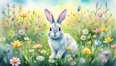 Cute White Rabbit Sitting in a Colorful Spring Meadow