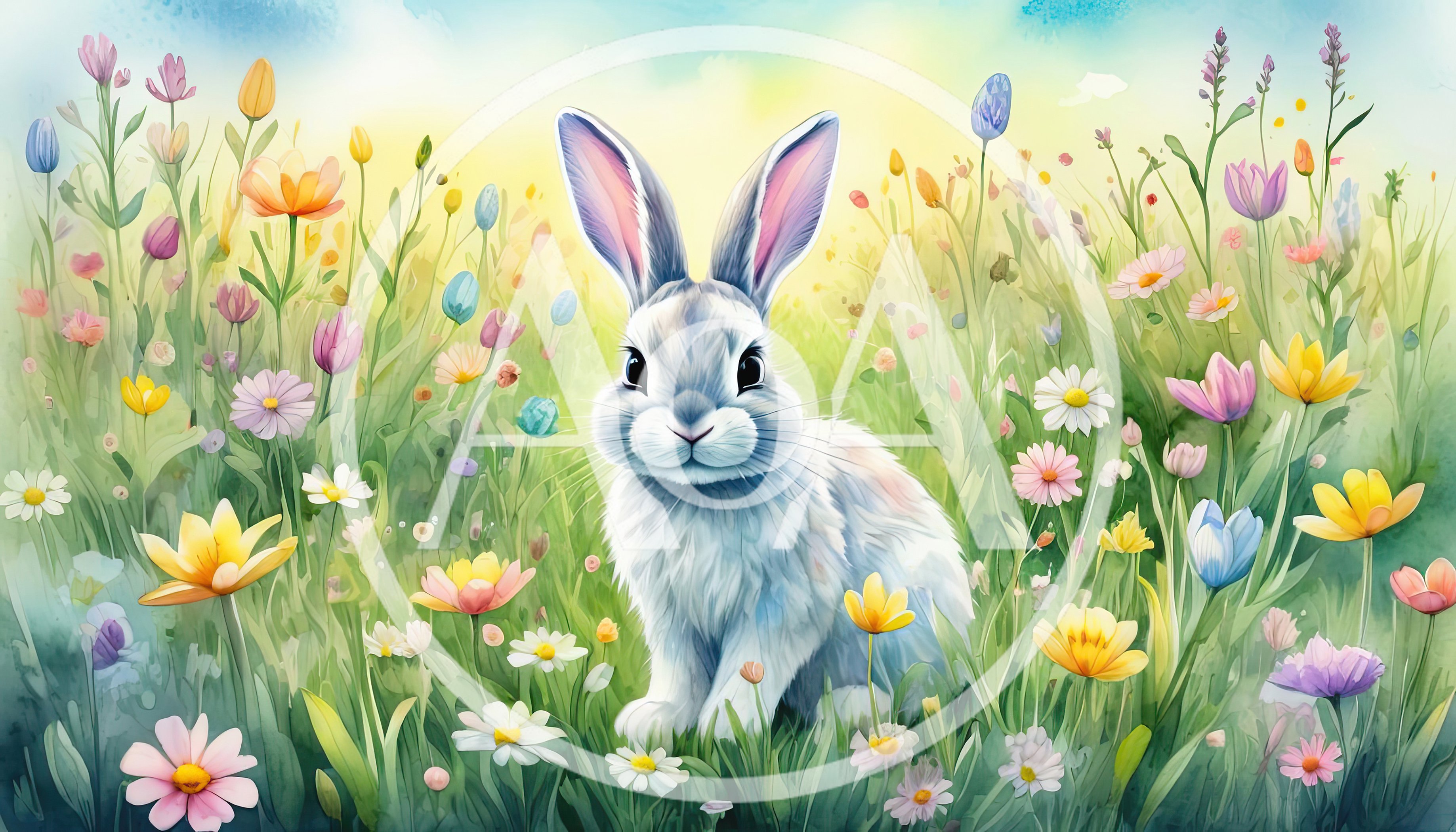 Cute White Rabbit Sitting in a Colorful Spring Meadow