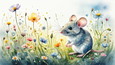 Cute Mouse Standing in a Vibrant Wildflower Meadow