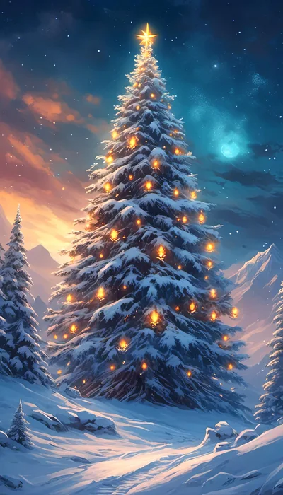 Majestic Snowy Christmas Tree Under Starry Winter Sky