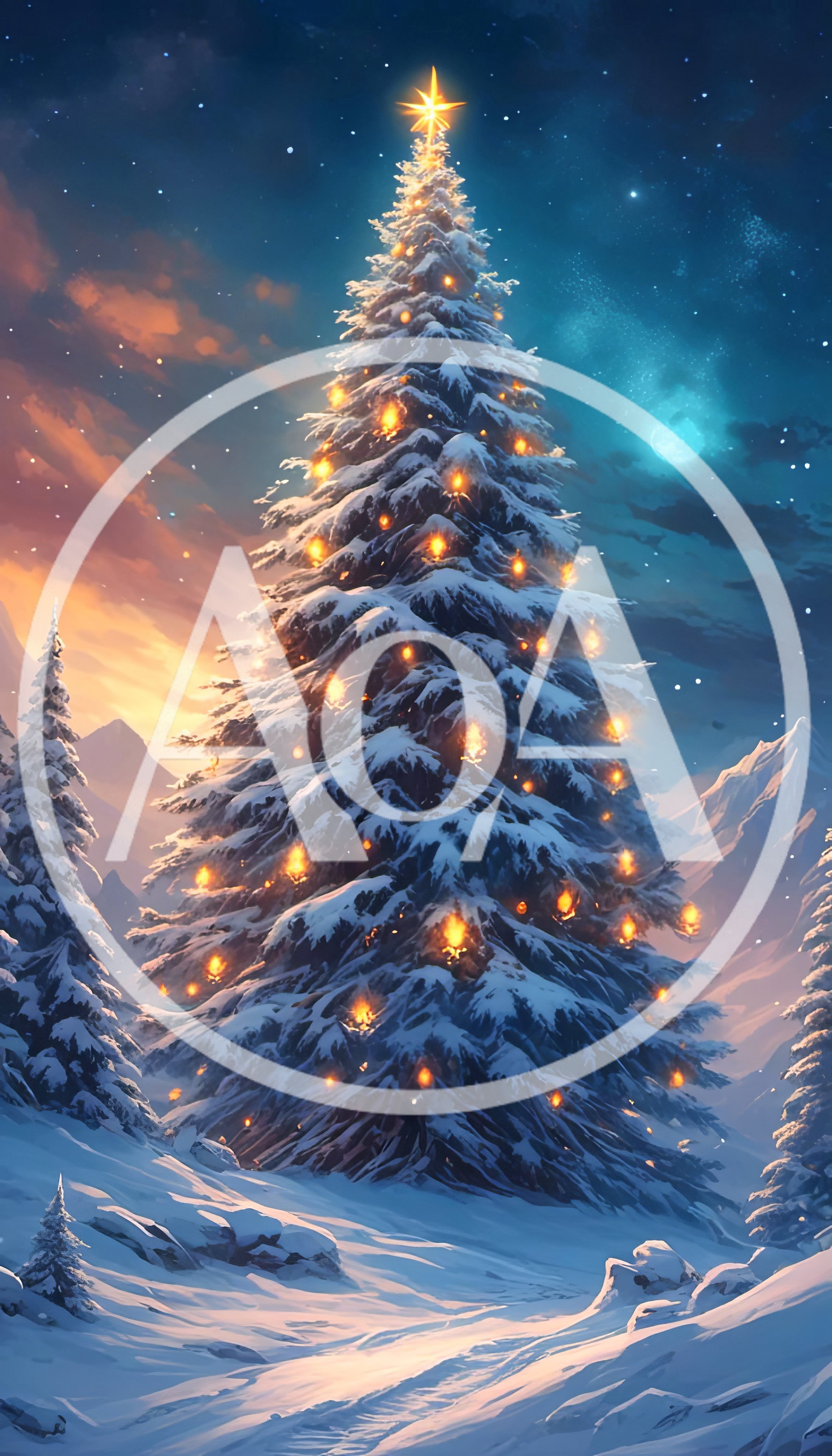 Majestic Snowy Christmas Tree Under Starry Winter Sky