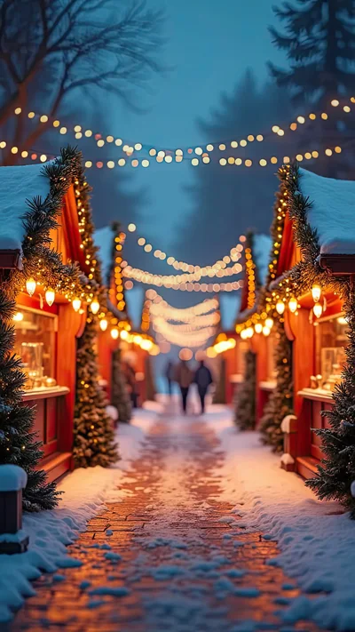 Festive Christmas Market Stalls In Snowy Winter Evening