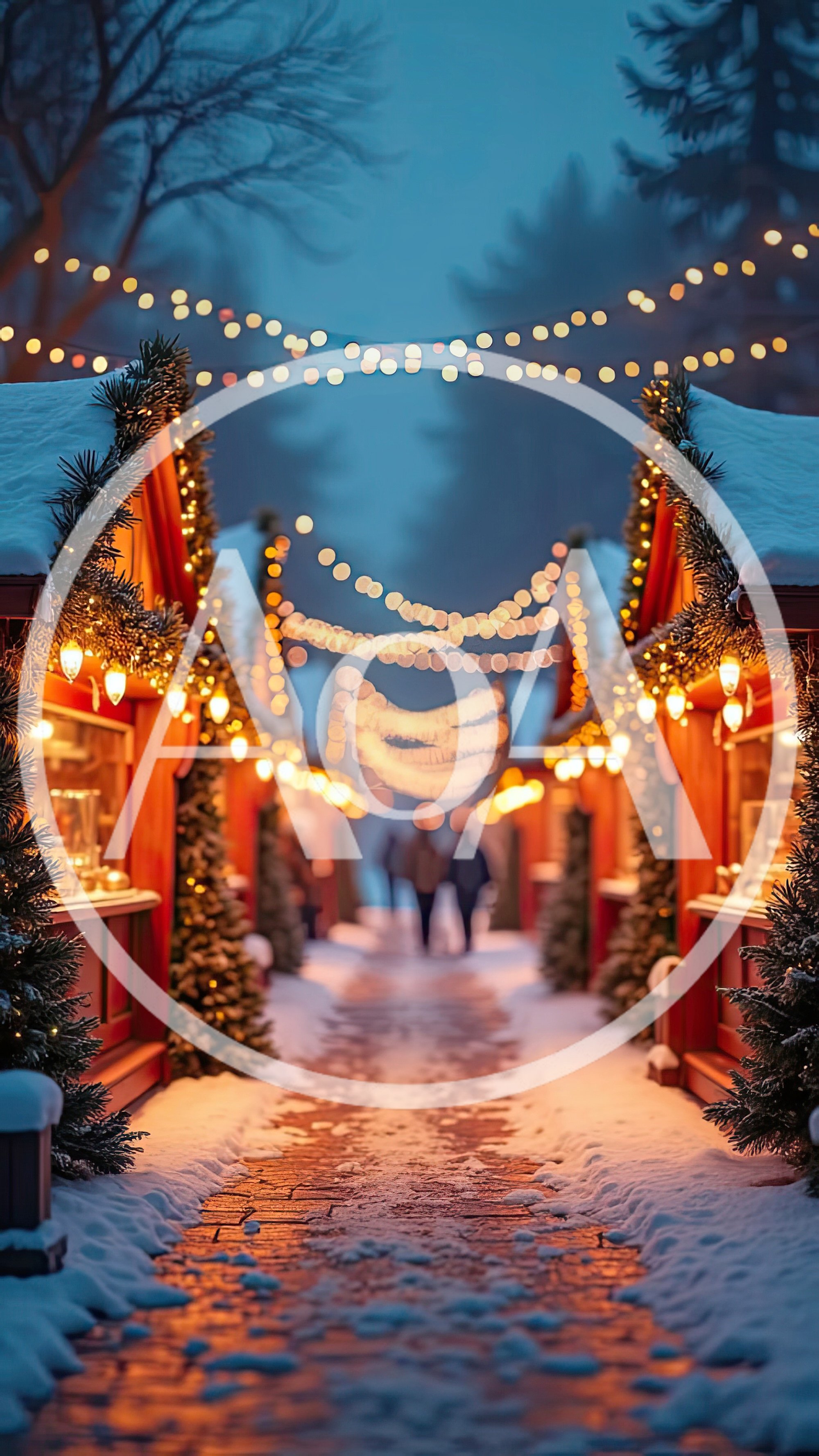 Festive Christmas Market Stalls In Snowy Winter Evening