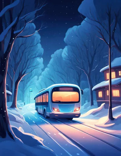 Modern Bus Driving Through Snowy Winter Forest Road