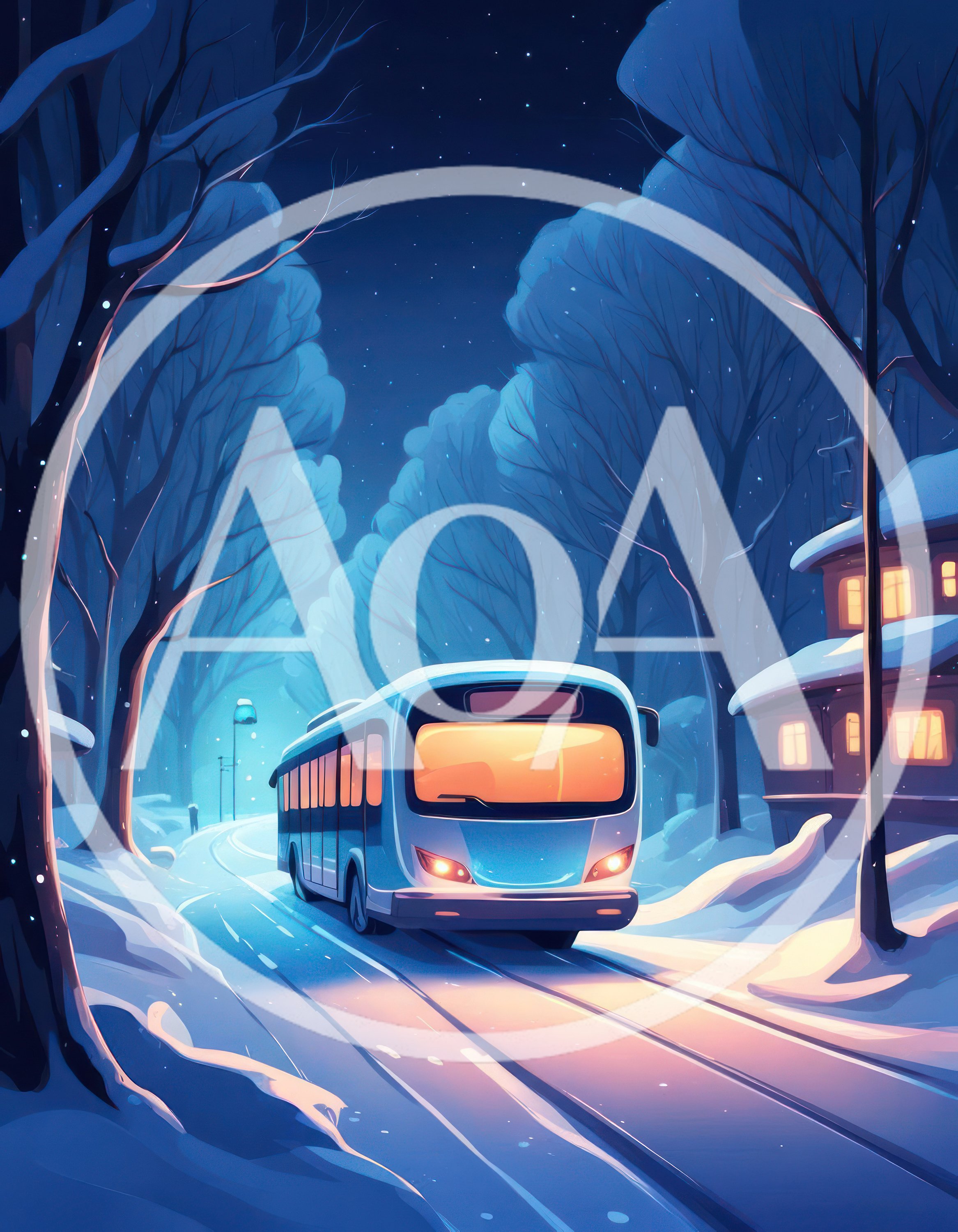 Modern Bus Driving Through Snowy Winter Forest Road