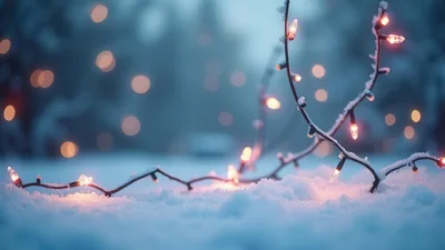 Christmas String Lights Resting On Fresh Winter Snow