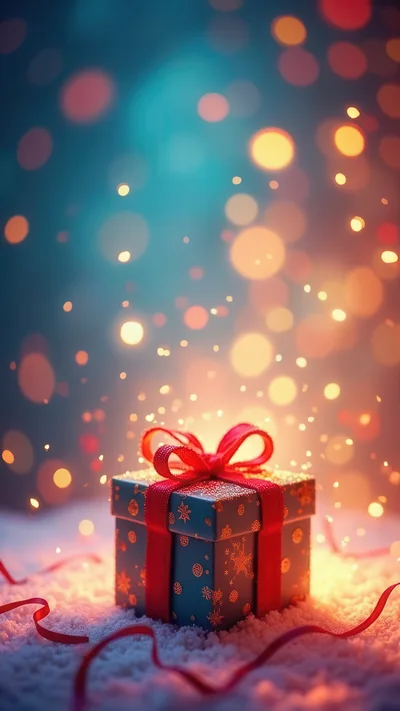 Christmas Gift Box With Red Ribbon On Snow