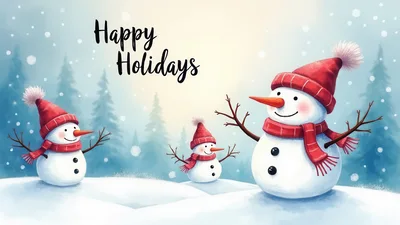 Three Cute Snowmen In A Snowy Winter Forest