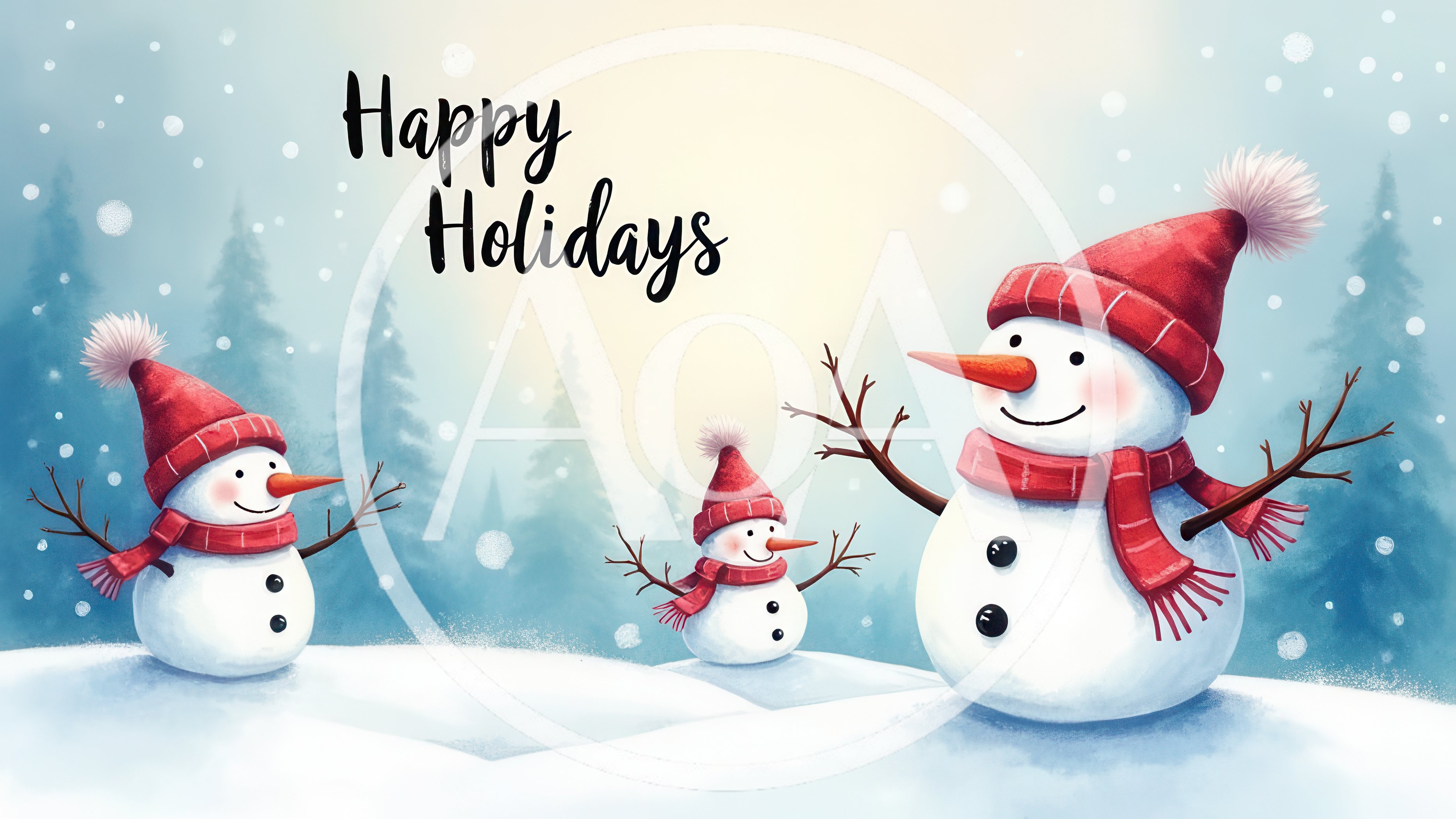 Three Cute Snowmen In A Snowy Winter Forest